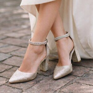 Jewel Badgley Miscka Tinsley Glitter Gold Block Heel Rhinestone Sandals Size 7